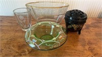 4 Antique glass flower vases, black amethyst bowl