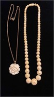 Carved coral? Rose pendant and beaded necklace