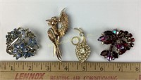 (4) vintage rhinestone pins / brooches incl. red