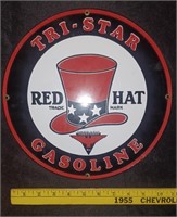 11.25" RED HAT tri star gasoline porcelain sign