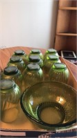 10 vintage green drinking glasses and green glass