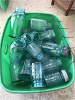 Tote of blue ball jars various sizes