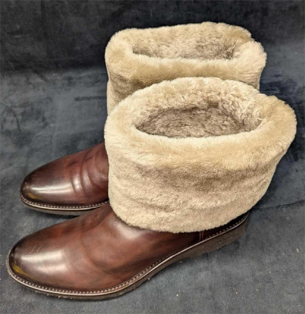 Men's Size 11 Santoni Shearling Fur Leather Boots