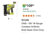 RYOBI ONE+ 18V 18-Gauge  Brad Nailer (Tool Only)