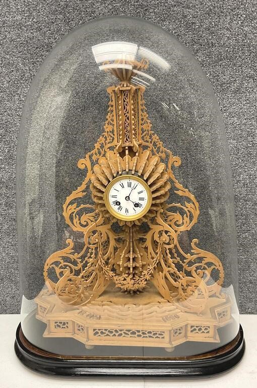 Antique Scroll Saw Cut Wooden Clock in Glass Dome