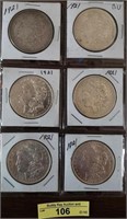6 Morgan Silver Dollars 1921