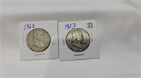 2 Ben Franklin silver half dollars