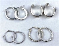 (4) Pairs 925 Silver Hinged Hoop Earrings