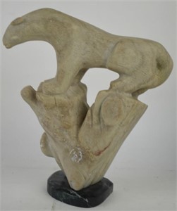 CARVED STONE COUGAR SCULPTURE ON MARBLE BASE