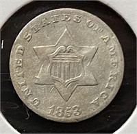 1853 Three Cent Piece, Silver (AU58)