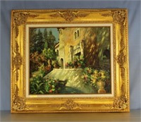 Framed Oil On Canvas Gold Leaf Frame Of Garden