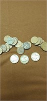 Grouping of wheat pennies, war nickels, and