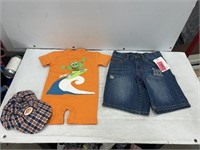 Size 3-4T kids onesie and shorts along with a hat