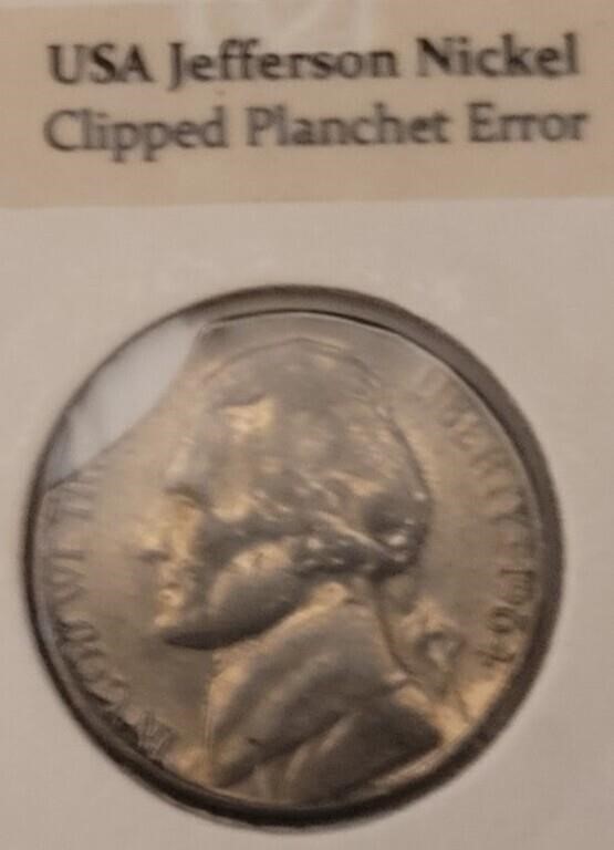 1964 Jefferson Nickle Error  Coin Clipped Planchet