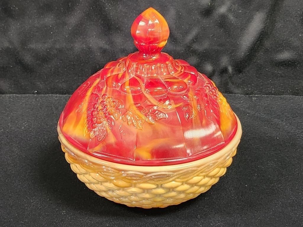 WESTMORELANDORANGE SLAG GLASS COVERED CANDY DISH