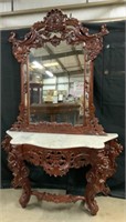 Marble Top Pier Mirror/ Table, Oriental Carved Set