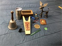 collectable bell, spring dog, misc items