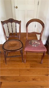 Two antique side chairs, one with a broken seat,