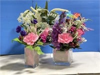 Faux Flowers In Square Glass And Ceramic Vases