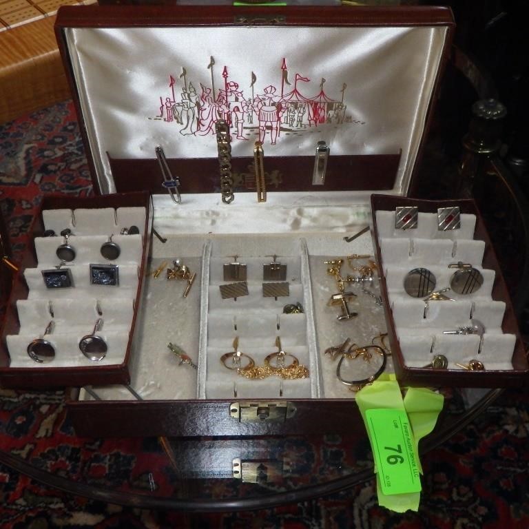 VINTAGE JEWELRY BOX W/ CUFF LINKS, TIE CLASPS>>>