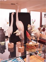 Six figural items: five are wooden birds including