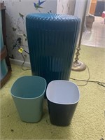 Turquoise hard plastic receptacle and trash cans