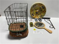 Vtg Tin Fruit Tray,Wire Basket,Handheld Mirror