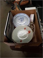 Box of plates and Sterling waited candleholders