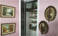 Glassware, Brass sconces and framed oil paintings
