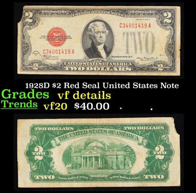 1928D $2 Red Seal United States Note Grades vf det