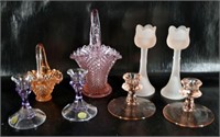 Pink Depression Glass Basket & Candle Holders