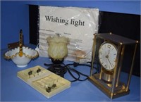 Mantel Clock, Desk Lamp, Vtg Basket Shaped Dish,