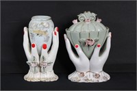 2 Vintage Porcelain Hand Vase & Lidded Jar