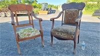 2 ANTIQUE WOODEN CARVED KING & QUEEN STYLE CHAIRS