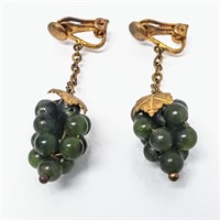 Vtg Jade Grapes Gold Earrings