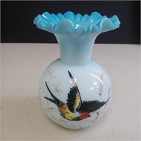 Vintage Fenton Ruffle Rim Vase, Hand Painted.