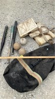 Sports bag, balls, bats bases