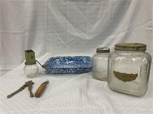 6 unmatched kitchen items olive jar,mustard jar,