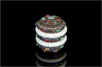 CHINESE SILVER & ENAMEL CADDY WITH JADE BANGLES