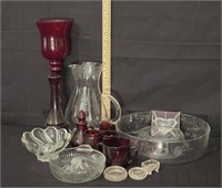 Clear/Red Glass Pitcher, Chip/Dip Tray, Vase &