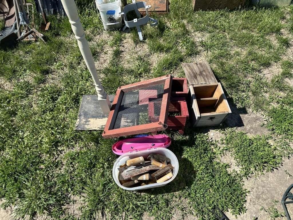 wood boxes and pcs, and tote of concrete tools