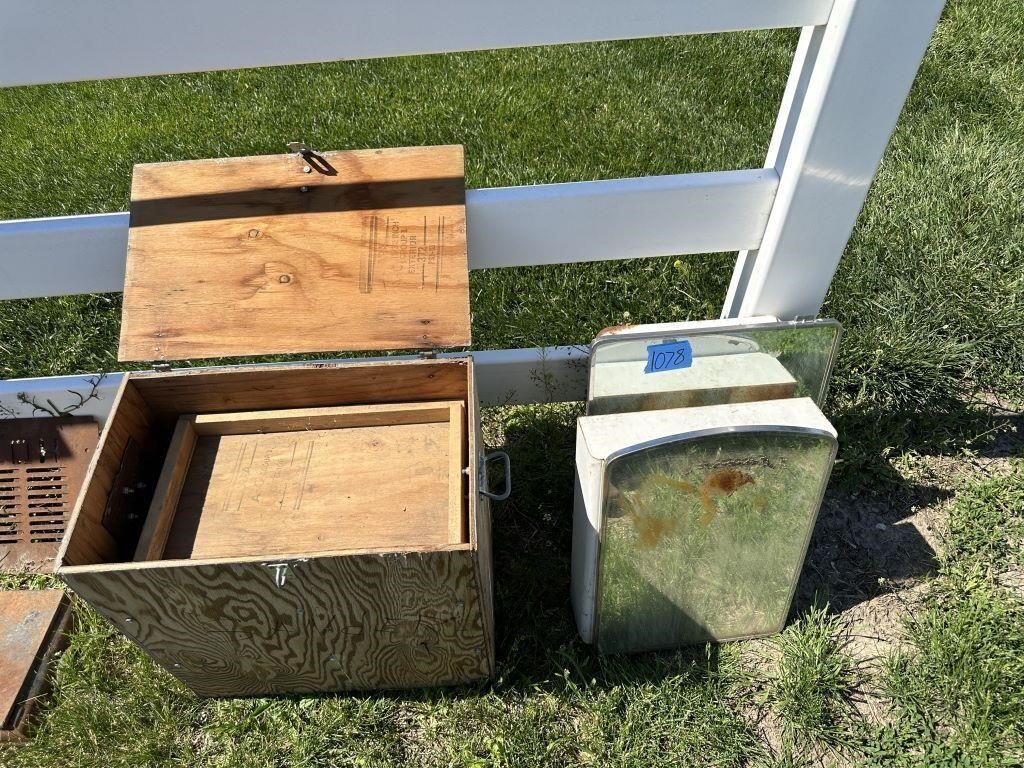 wood box with lid & 2 medicine cabinets