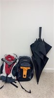 2 backpacks and 1 umbrella