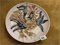 LOW RELIEF PLATE DEPICTING ROOSTER HAND PAINTED