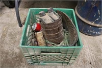 BOX OF HITCHES, OIL ETC.
