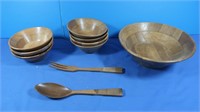 Wood Salad Bowl, Tongs, 7 Bowls-Japan