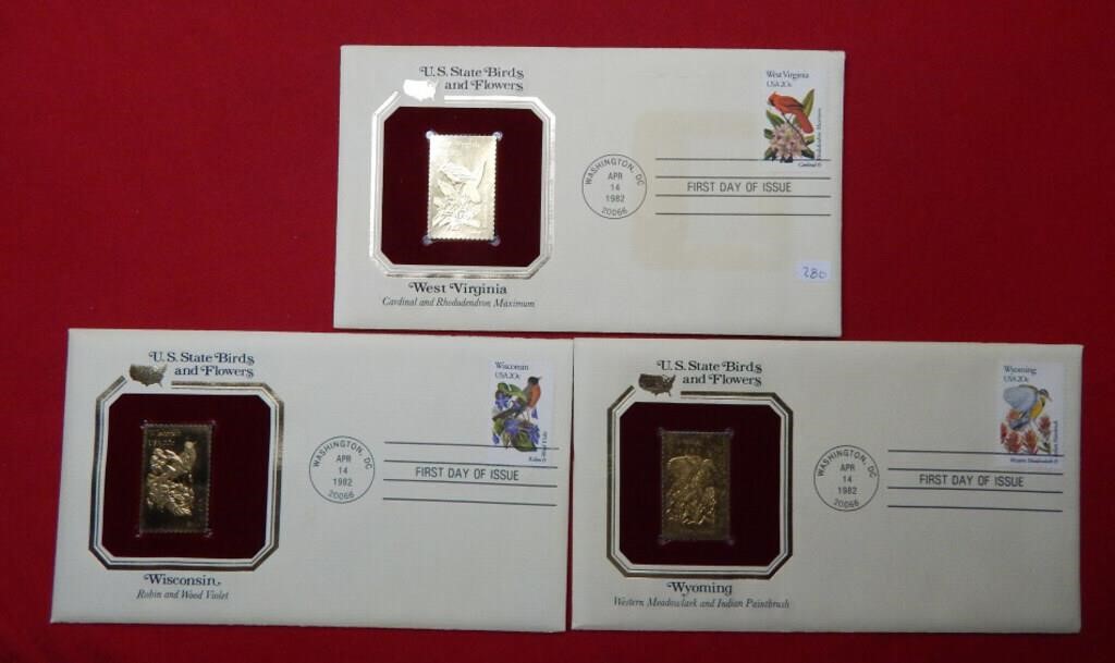 (3) US State Birds & Flowers Gold Stamps-WY-WI-WV