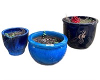 (3) 15" Green & Blue Glazed Art Pottery Planters