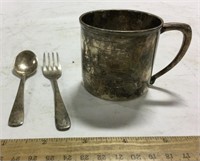 Silver plated cup, spoon, fork  - no visible