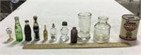 10 glass bottles, boot, clock, Penn Amoco oil bank